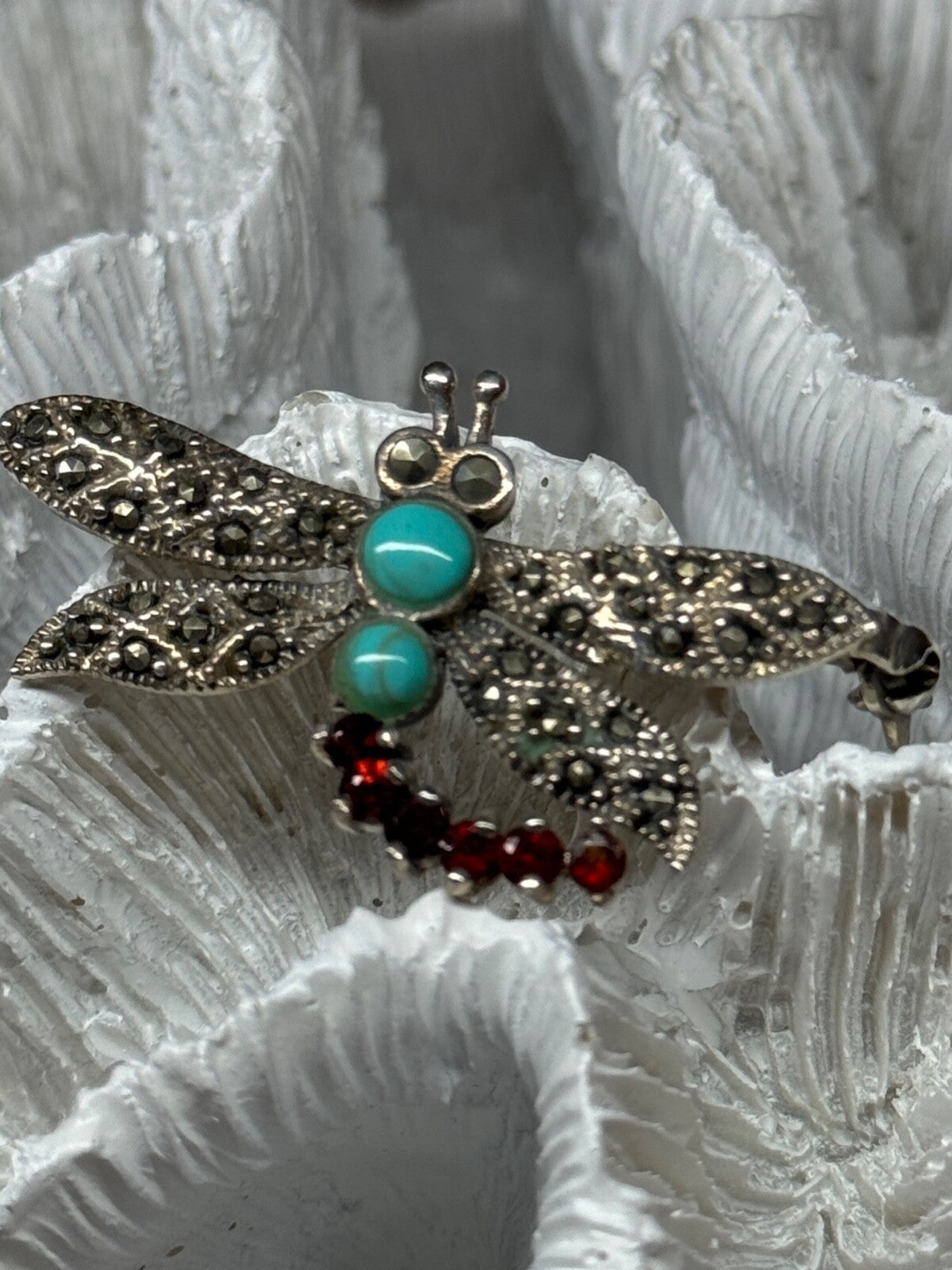 925 Sterling Silver Dragonfly Brooch Turquoise & Garnet Length 1.7 in