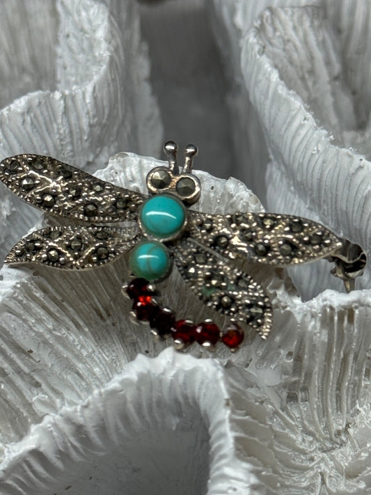 925 Sterling Silver Dragonfly Brooch Turquoise & Garnet Length 1.7 in
