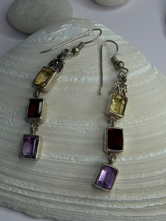 925 Sterling Silver Amethyst & Garnet & Citrine Earrings Length 2.30 Inch