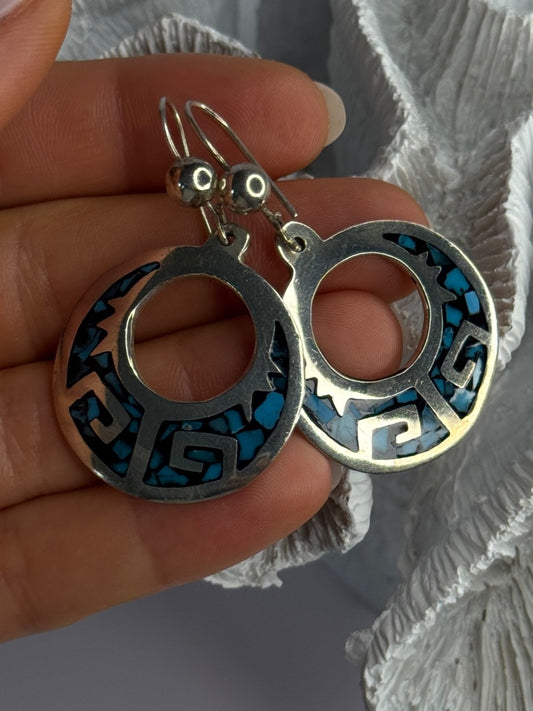 Vintage Mexico 925 Sterling Silver Turquoise Earrings Length 2 Inch