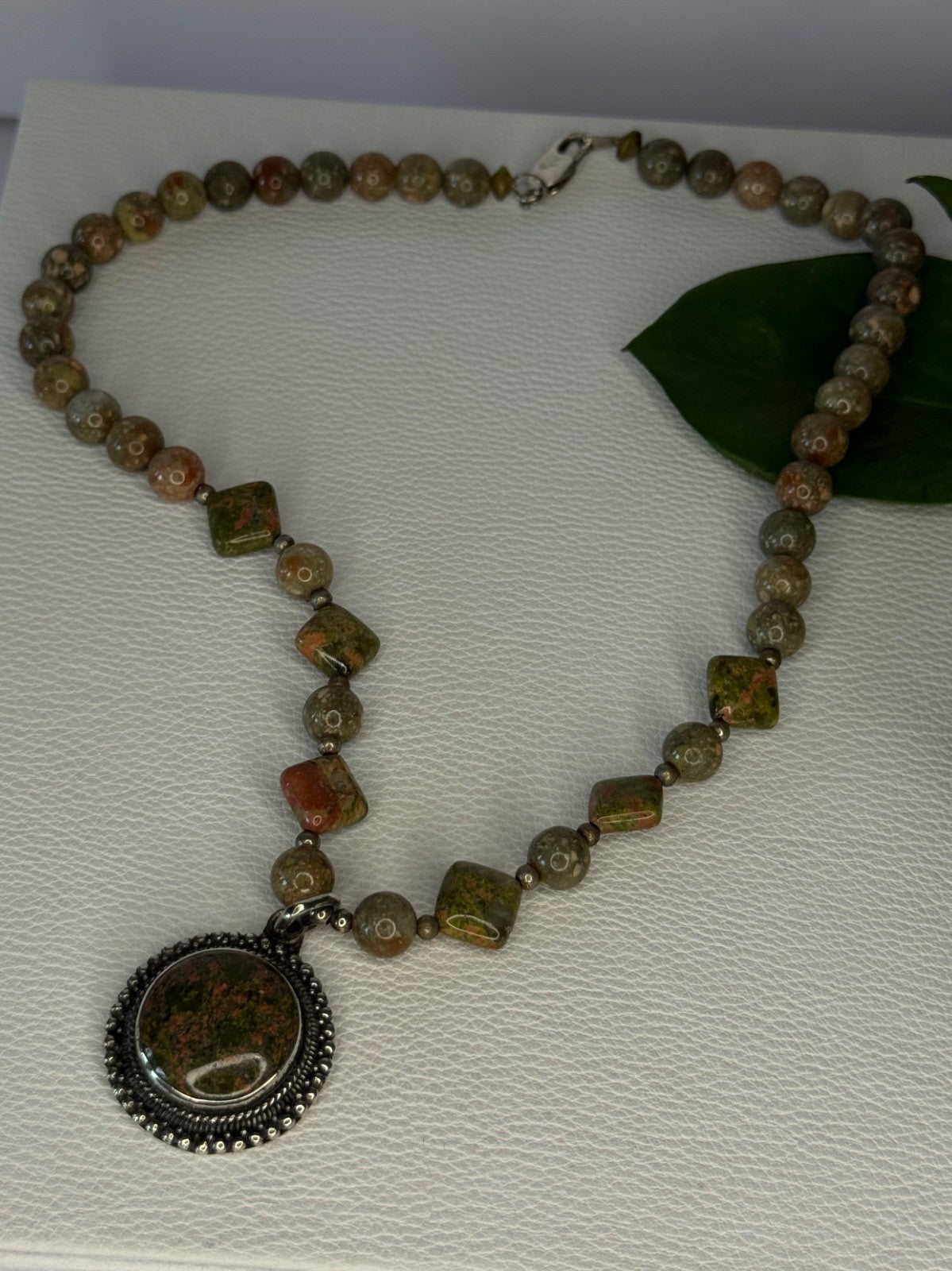 Vintage 925 Sterling Silver Unakite Necklace Length 17 Inch