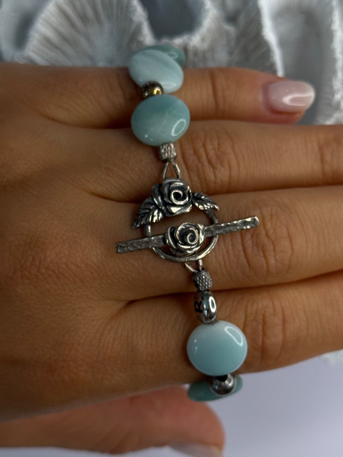 Beautiful 925 Sterling Silver Amazonite Stones Bracelet Length 7.5