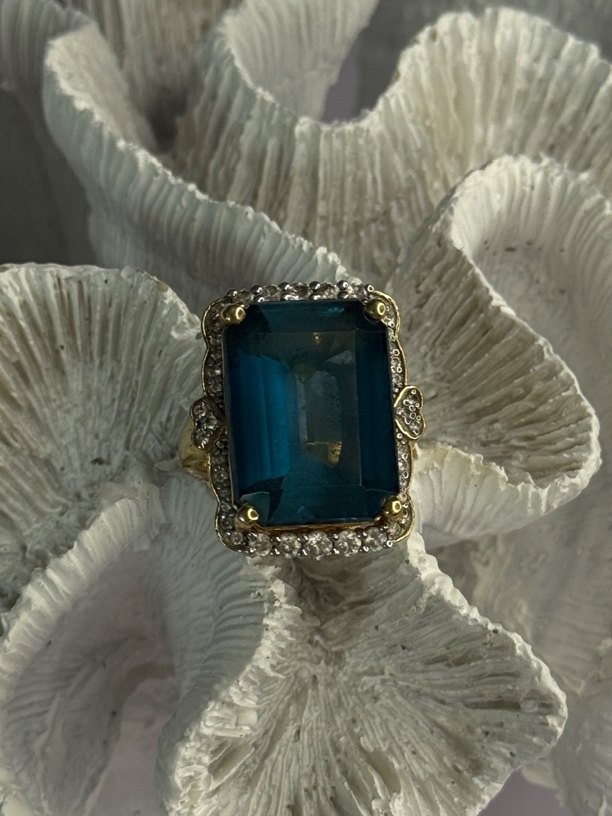 925 Sterling Silver Gold Plated Sapphire & Beryl Ring Size 9