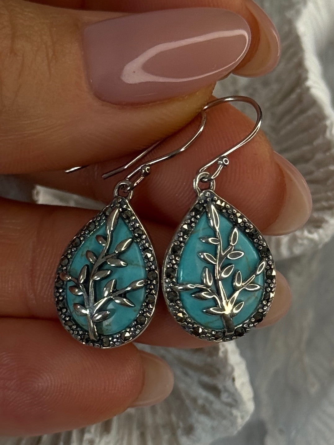 925 Sterling Silver Turquoise & Marcasite Earrings Length 1.20 Inch