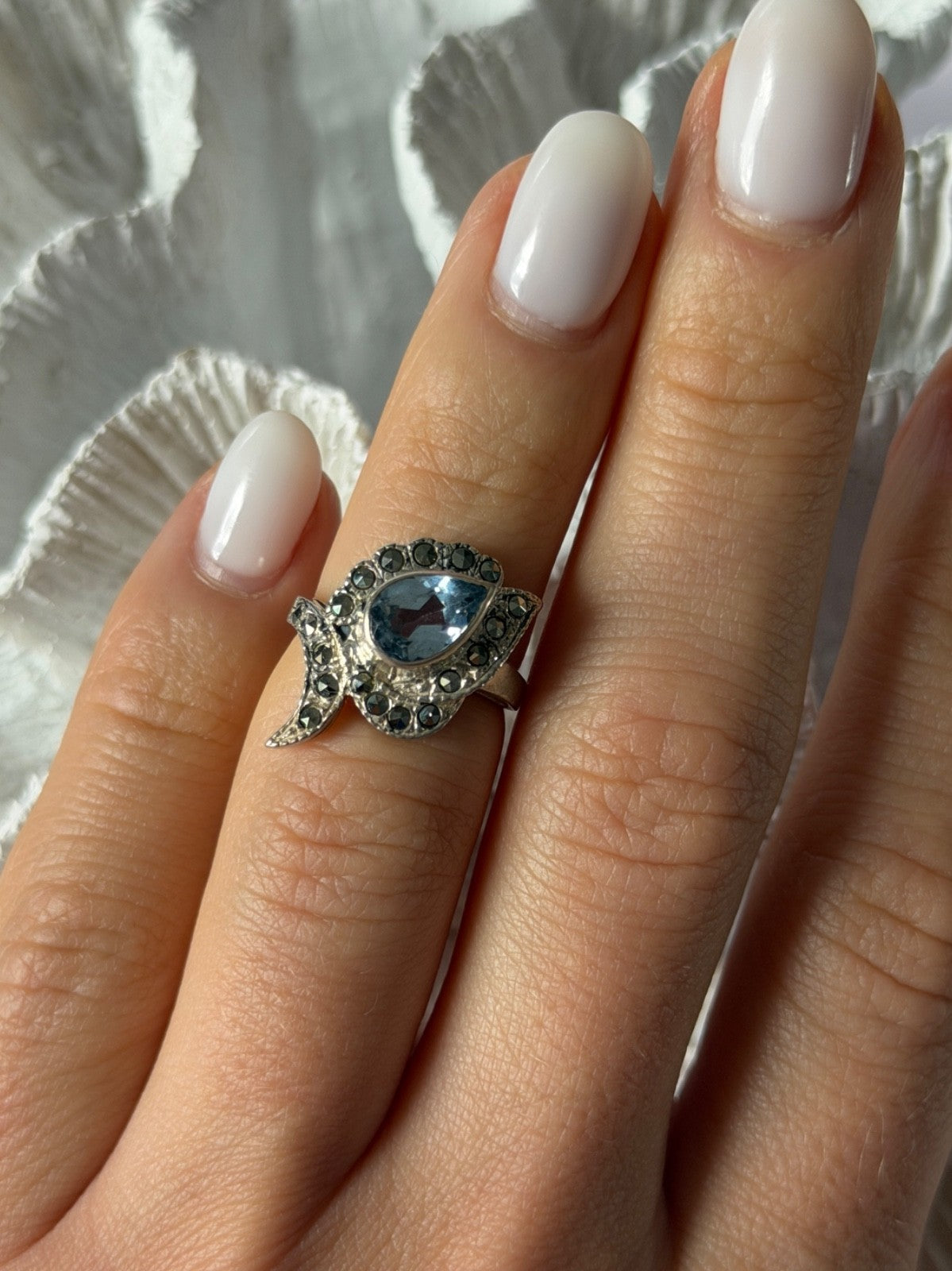 925 Sterling Silver Blue Topaz & Marcasite Ring Size 4