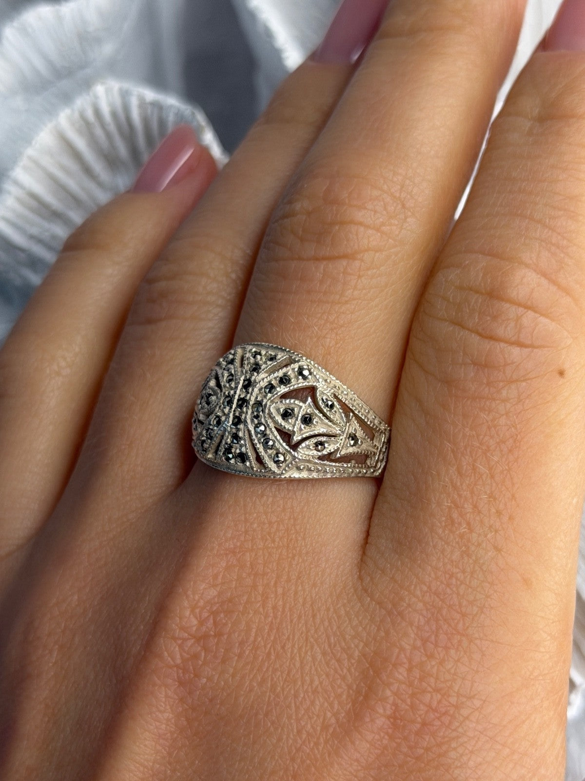 Vintage 925 Sterling Silver Marcasite Ring Size 10
