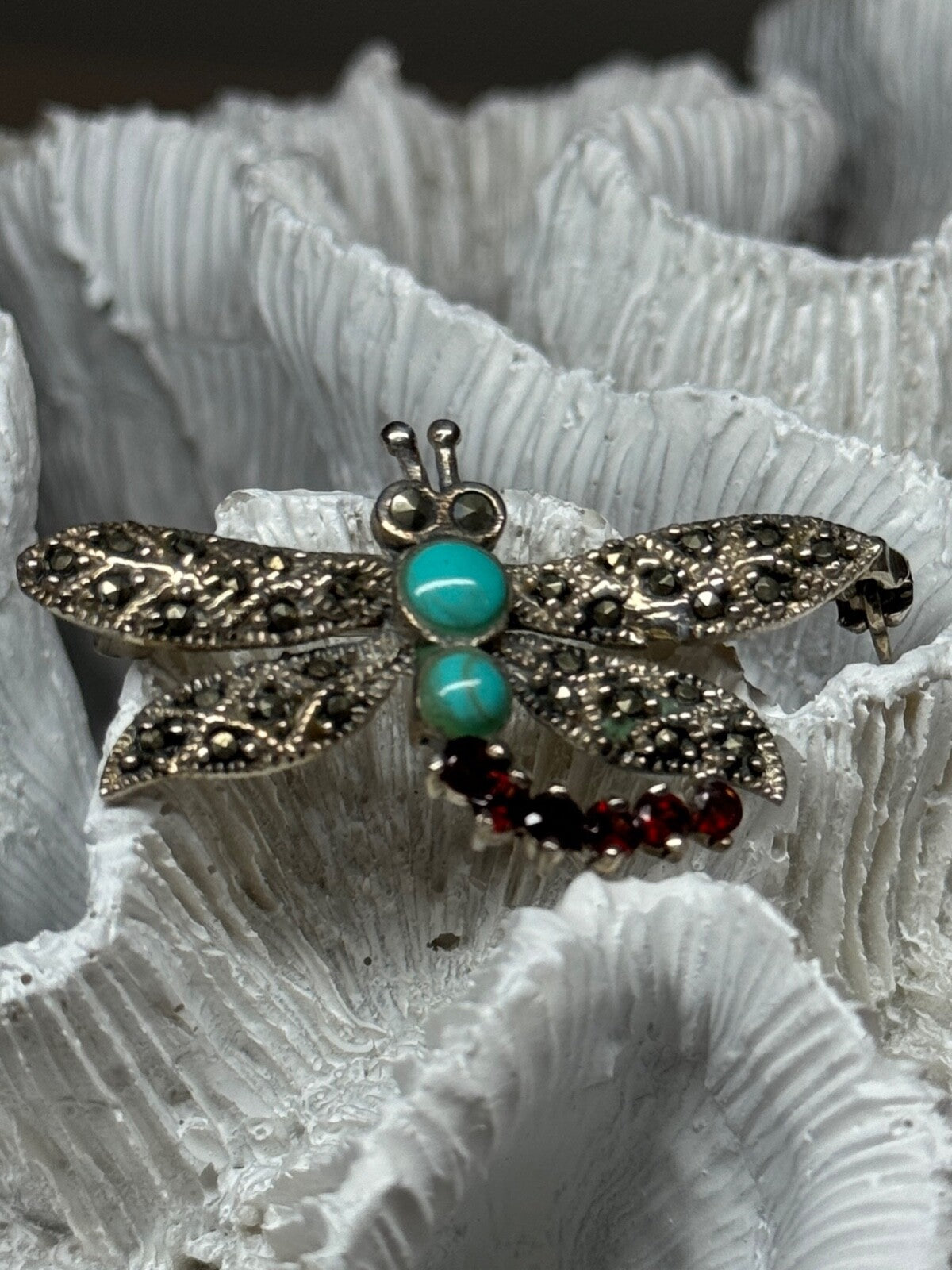 925 Sterling Silver Dragonfly Brooch Turquoise & Garnet Length 1.7 in