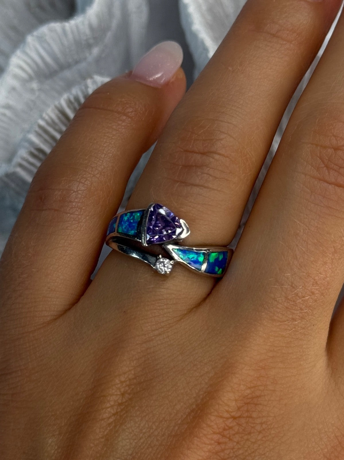 925 Sterling Silver Amethyst & Beryl & Opal Ring Size 7