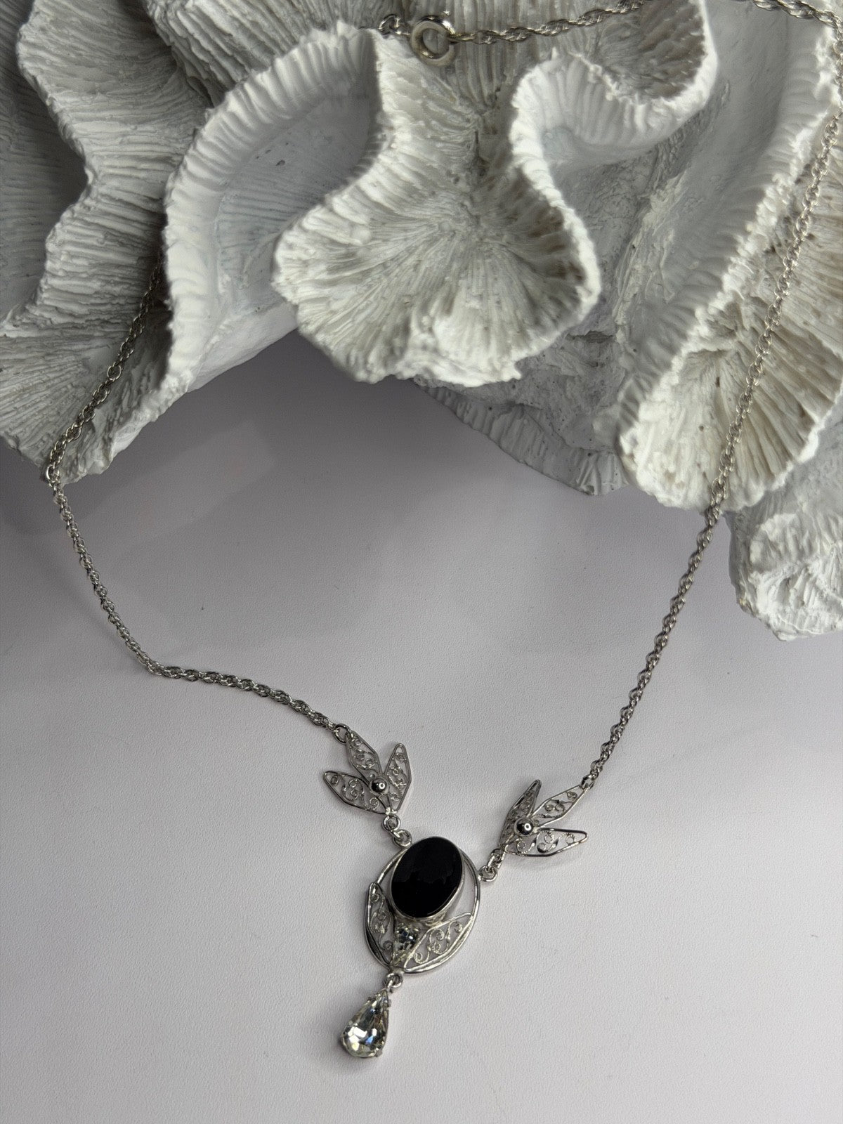 Elegant 925 Sterling Silver Onyx & White Sapphire Necklace