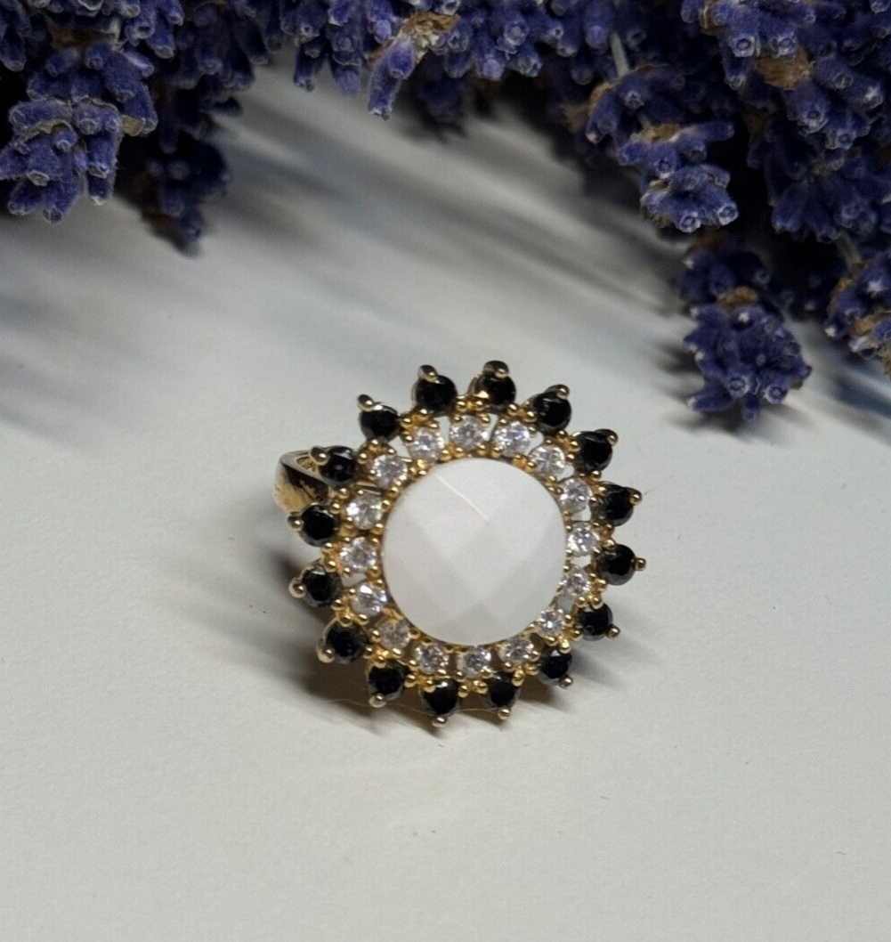 925 Sterling Silver Agate, White & Blue Sapphire Ring Size 7