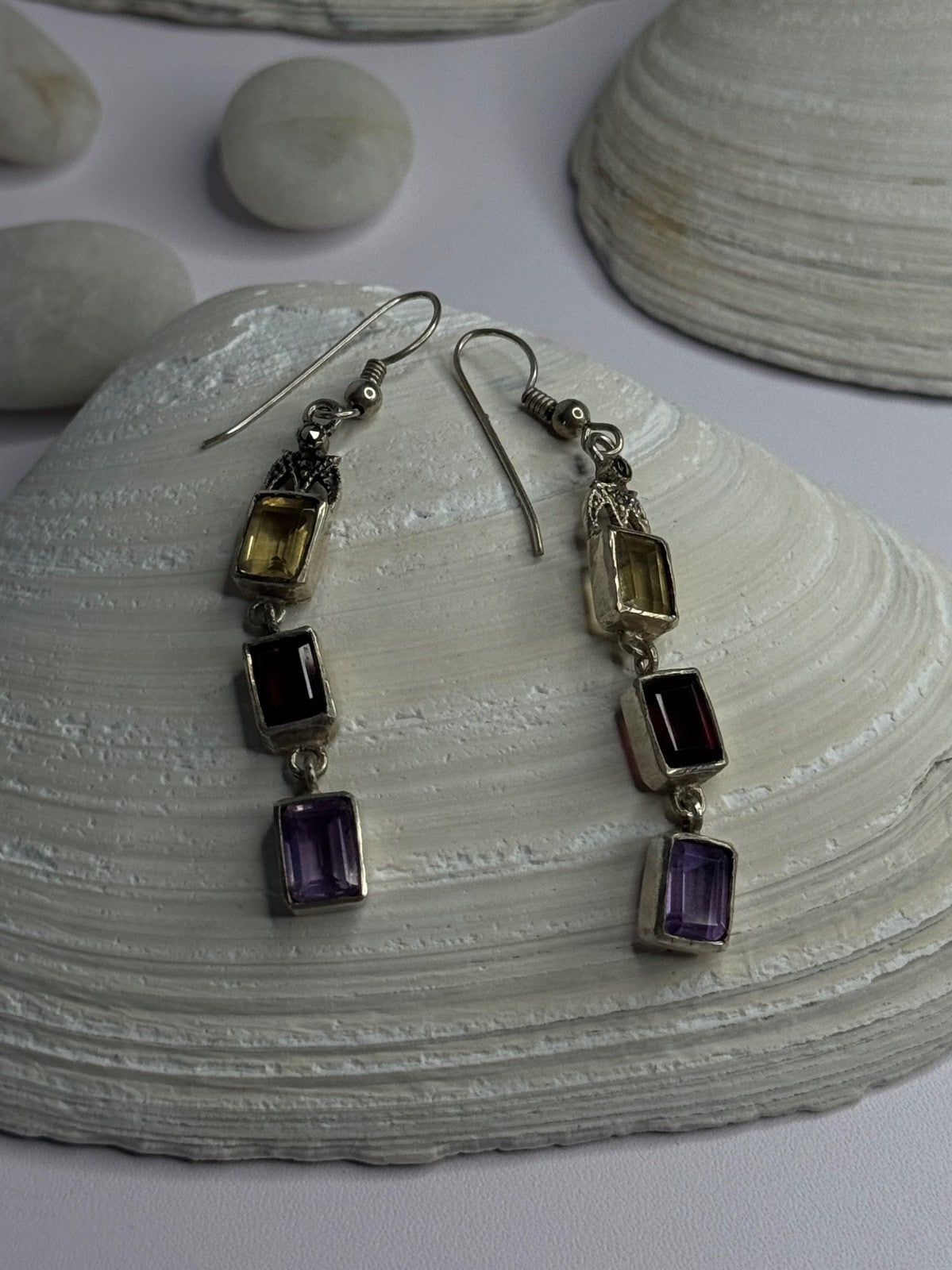 925 Sterling Silver Amethyst & Garnet & Citrine Earrings Length 2.30 Inch