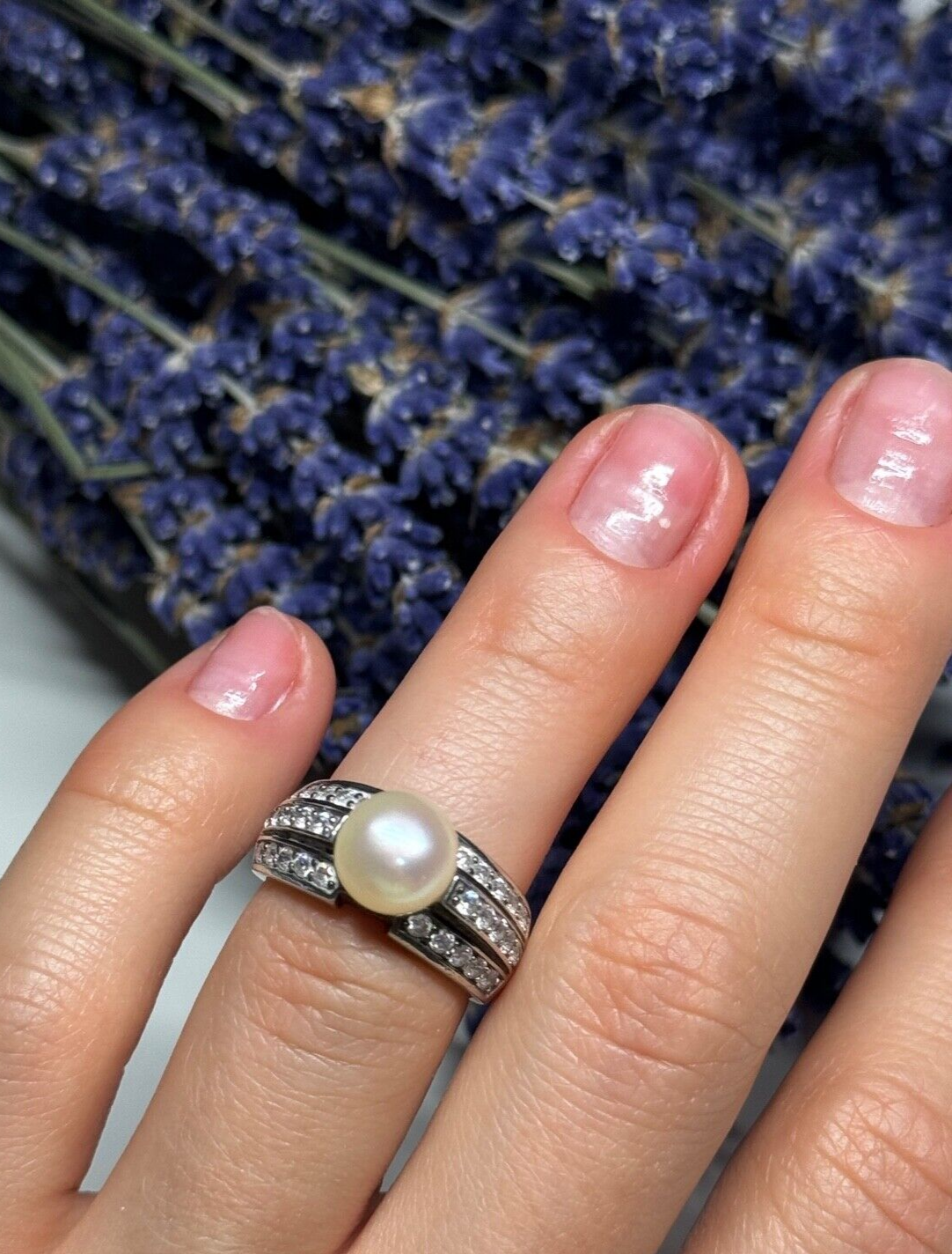 925 Sterling Silver Pearl & CZ Ring Size 5