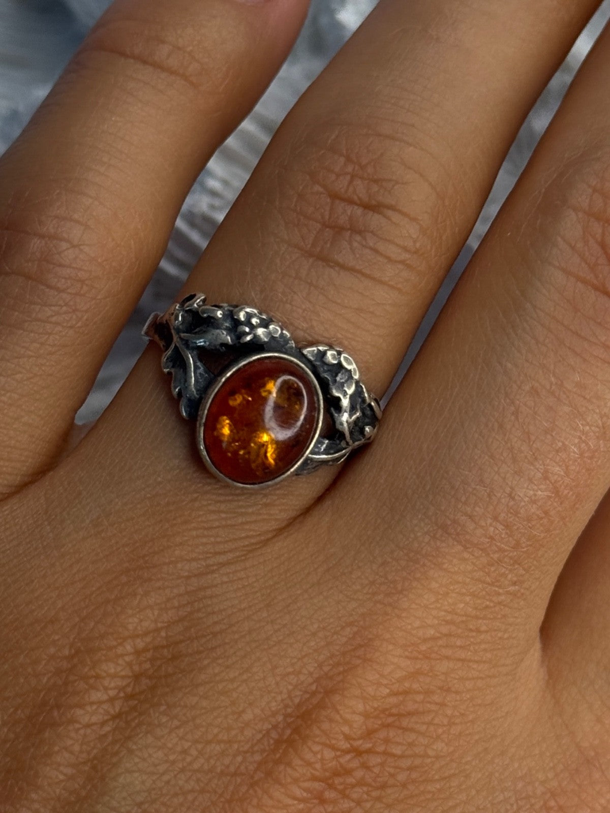 Vintage 925 Sterling Silver Amber Ring Size 8