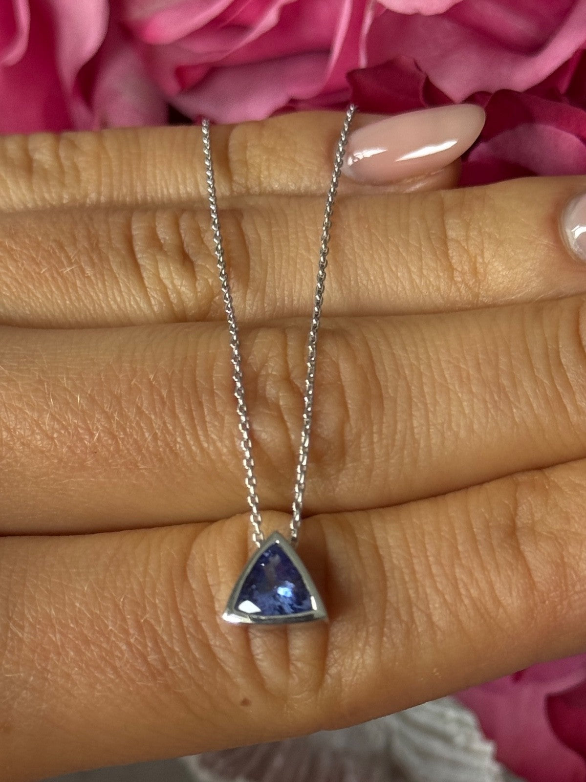 14K White Gold Tanzanite Trillion Necklace Length 18 inch