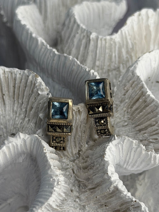 Vintage 925 Sterling Silver Blue Topaz & Marcasite Earrings