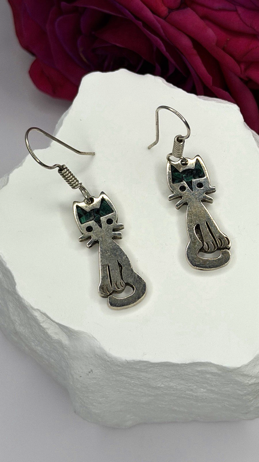 Vintage Taxco 925 Sterling Silver Green Malachite Cat Earrings
