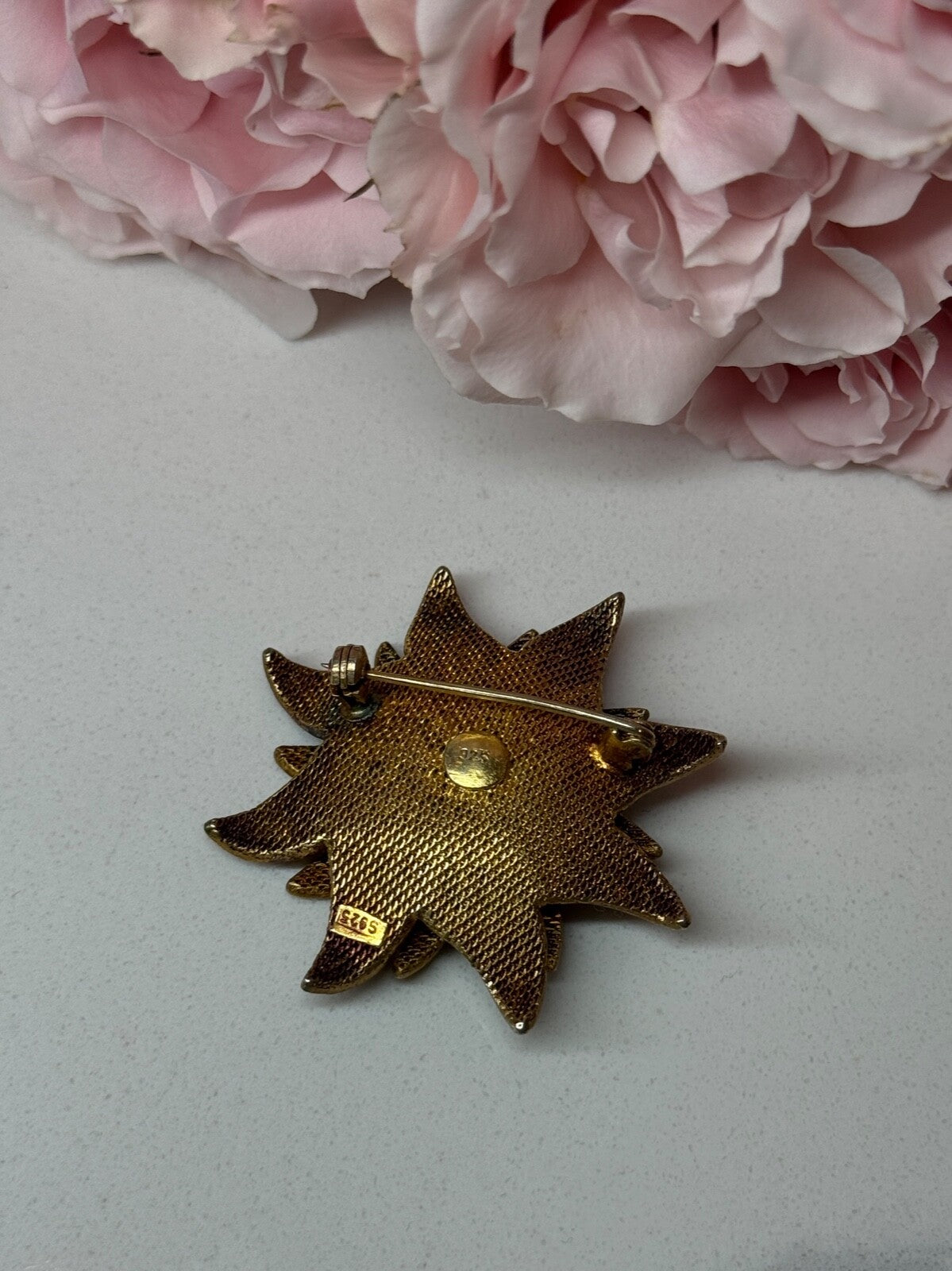 925 Sterling Silver Gold Plated Brooch Flower Length 1.6 In