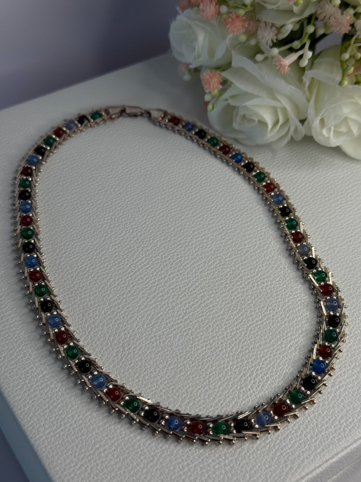 925 Sterling Silver Italy Milor Multicolor Agate Necklace Length 17 Inch