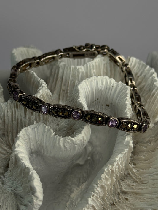925 Sterling Silver Amethyst & Marcasite Bracelet Length 7.5