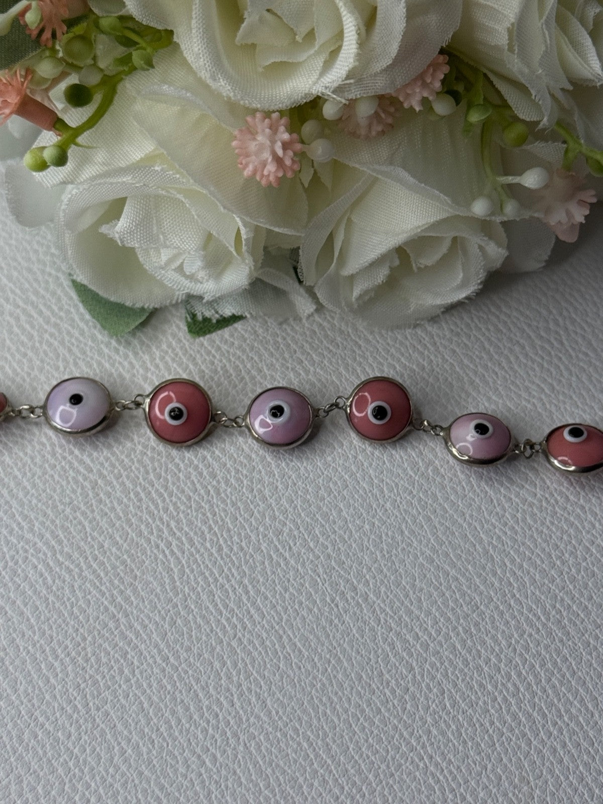Ati 925 Sterling Silver Pink Evil Eye Bracelet Length 7 Inch