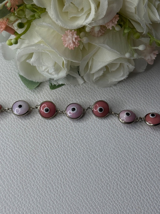 Ati 925 Sterling Silver Pink Evil Eye Bracelet Length 7 Inch