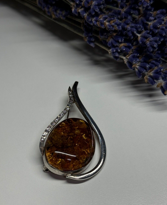 925 Sterling Silver Amber & CZ Brooch
