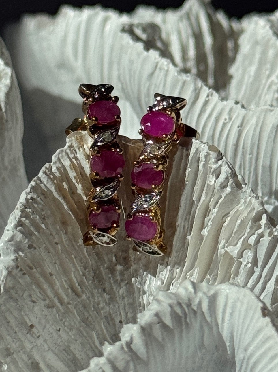 925 Sterling Silver Gold Plated Ruby & Diamond Earrings Length 0.77 Inch