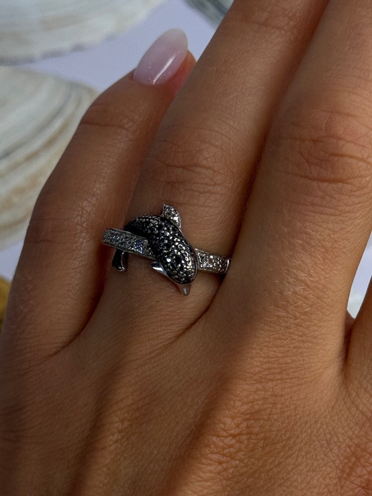 925 Sterling Silver Dolphin Diamond Ring Size 7