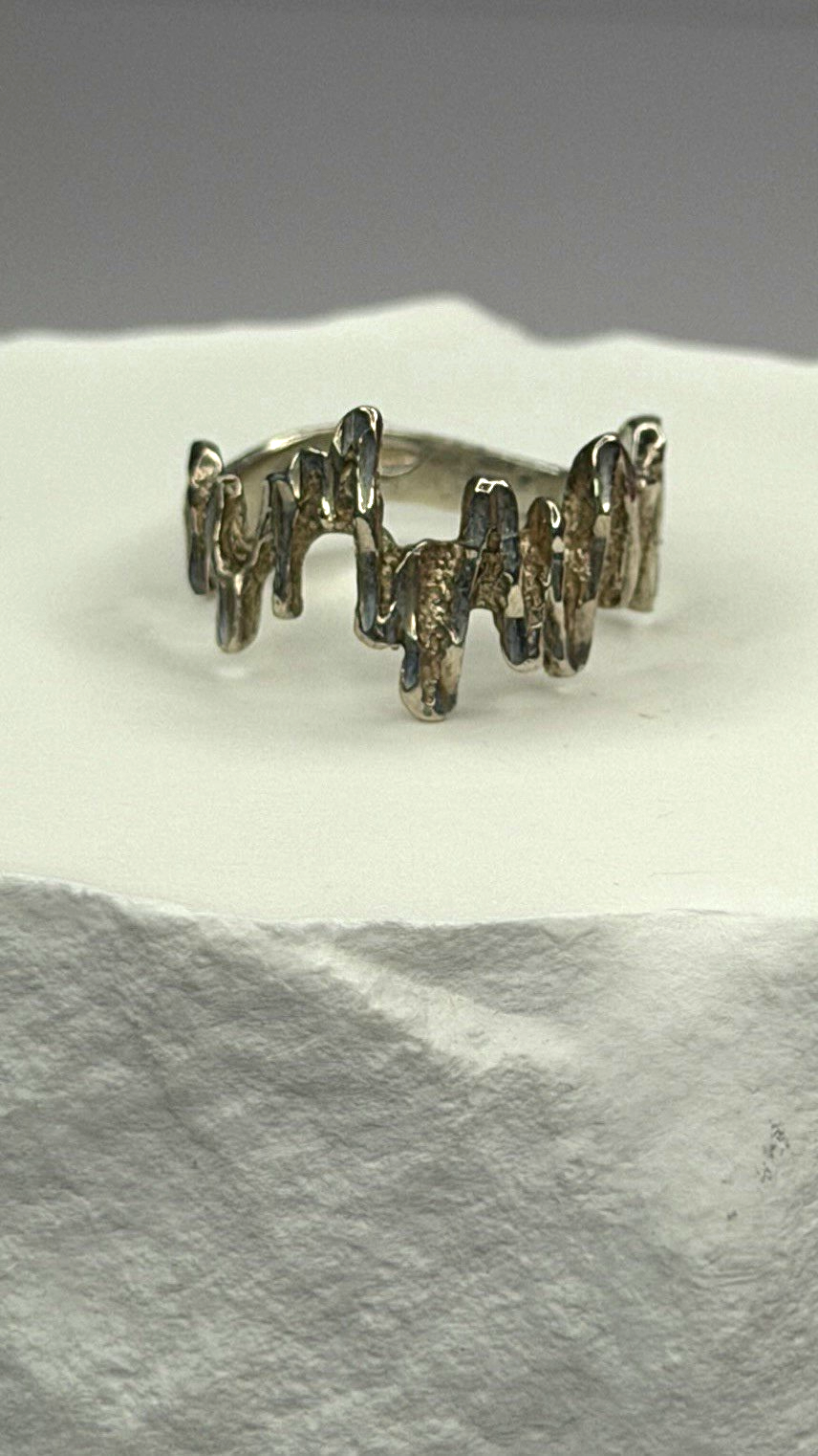 Artisanal Rock Wall Design 925 Sterling Silver Molten-Style Band Ring Size 6