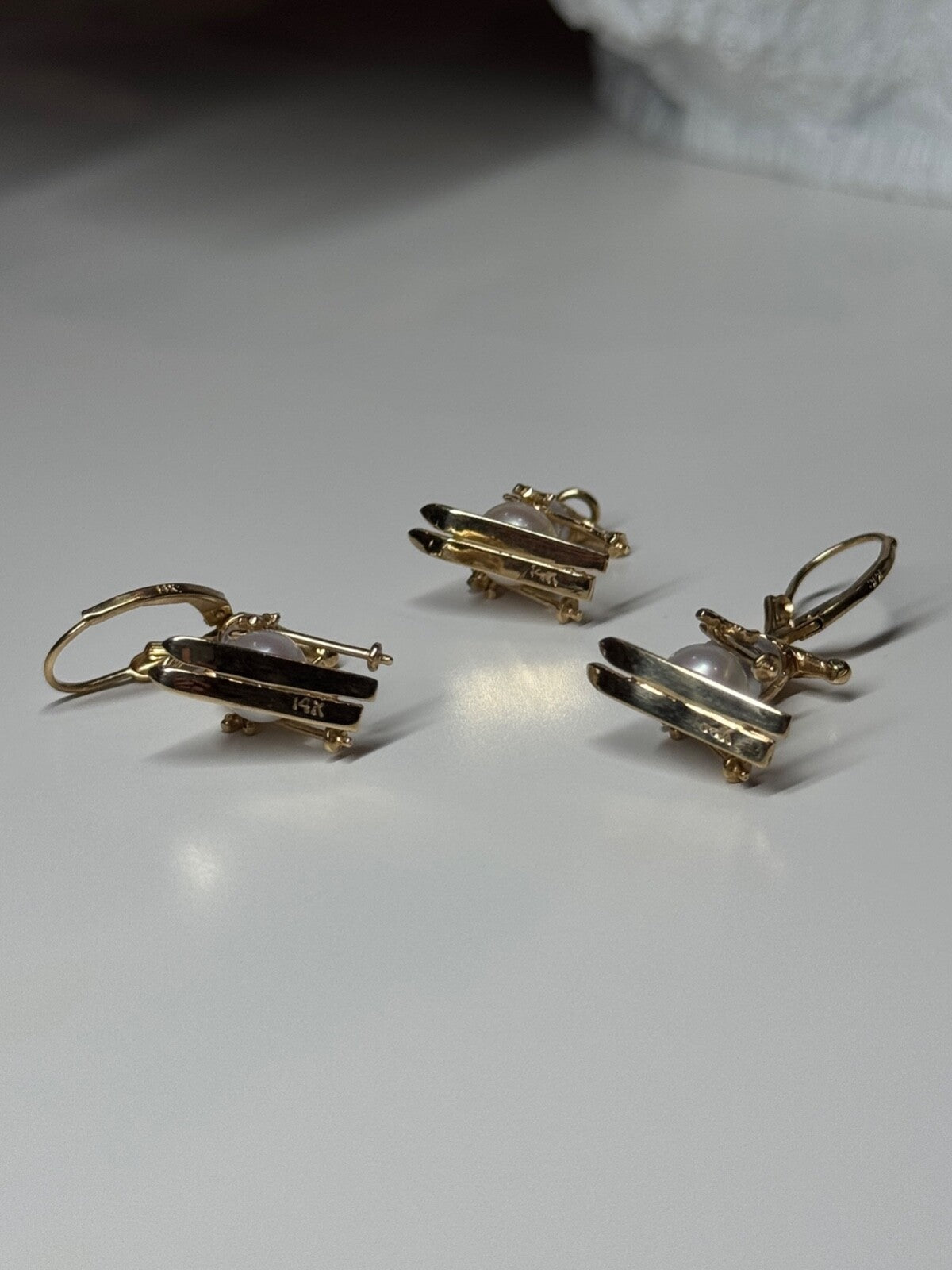 14K Yellow Gold Pearls Earrings & Pendant Skiing Snowmens ON Skis