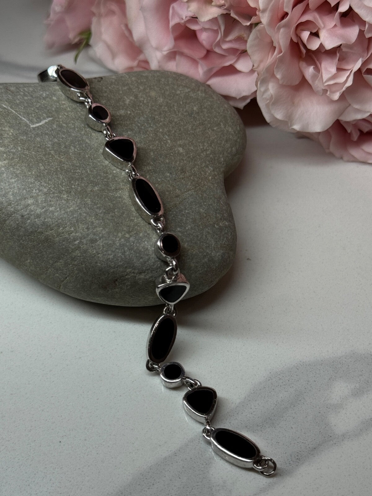 925 Sterling Silver Black Enamel Bracelet Length 7.5 in