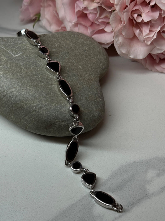 925 Sterling Silver Black Enamel Bracelet Length 7.5 in