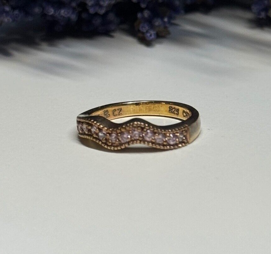 925 Sterling Silver Gold Plated Pink CZ Ring Size 6