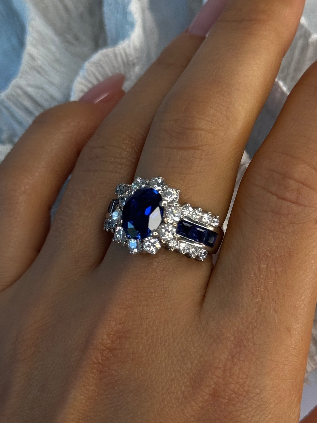 925 Sterling Silver Sapphire & Beryl Flower Ring Size 7.5