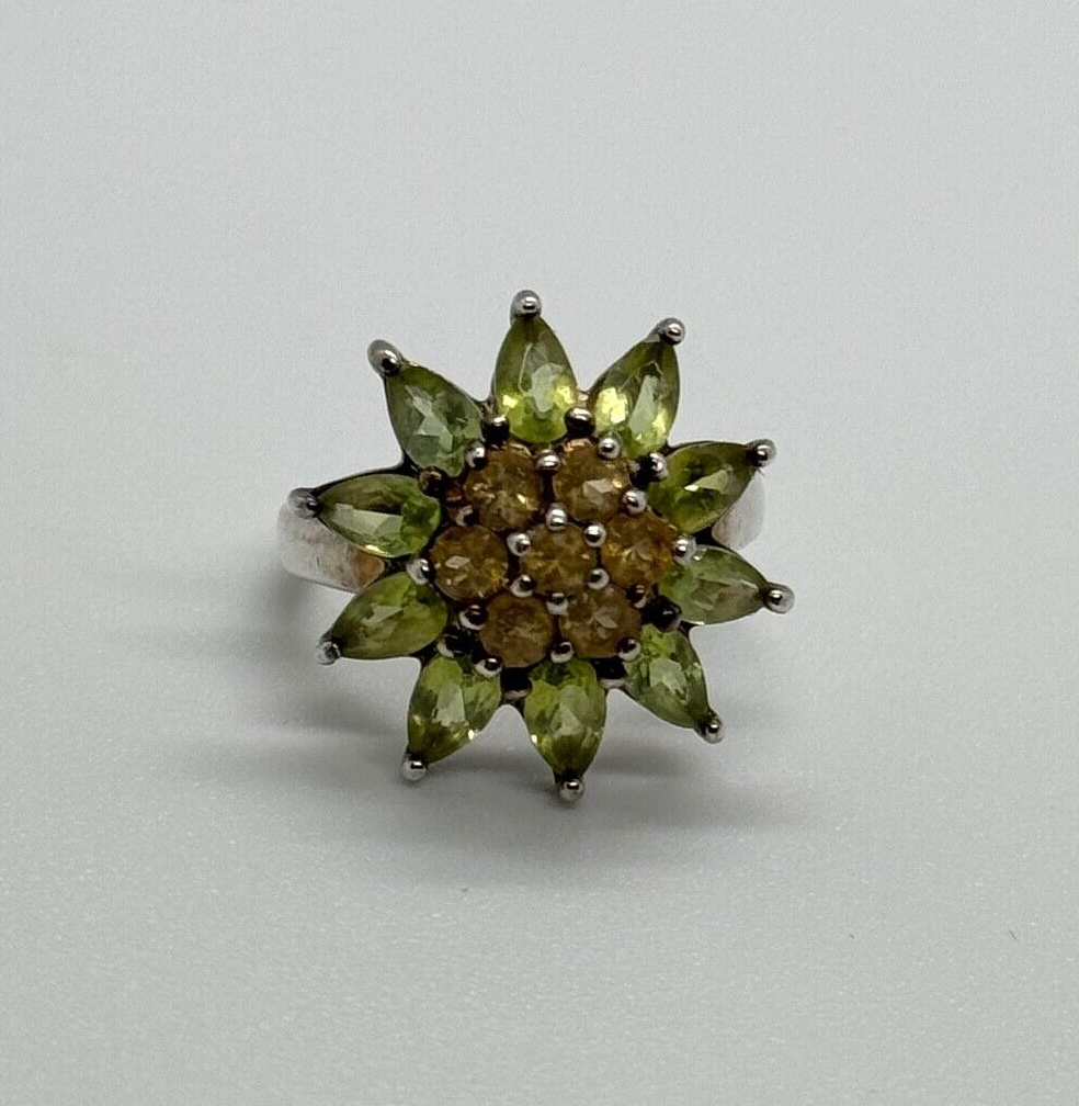 925 Sterling Silver Peridot & Citrine Flower Ring Size 4.5