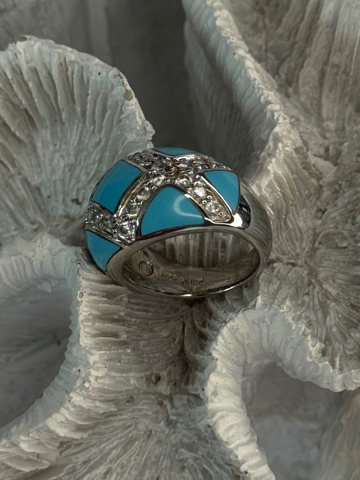 925 Sterling Silver Turquoise & CZ Ring Size 6