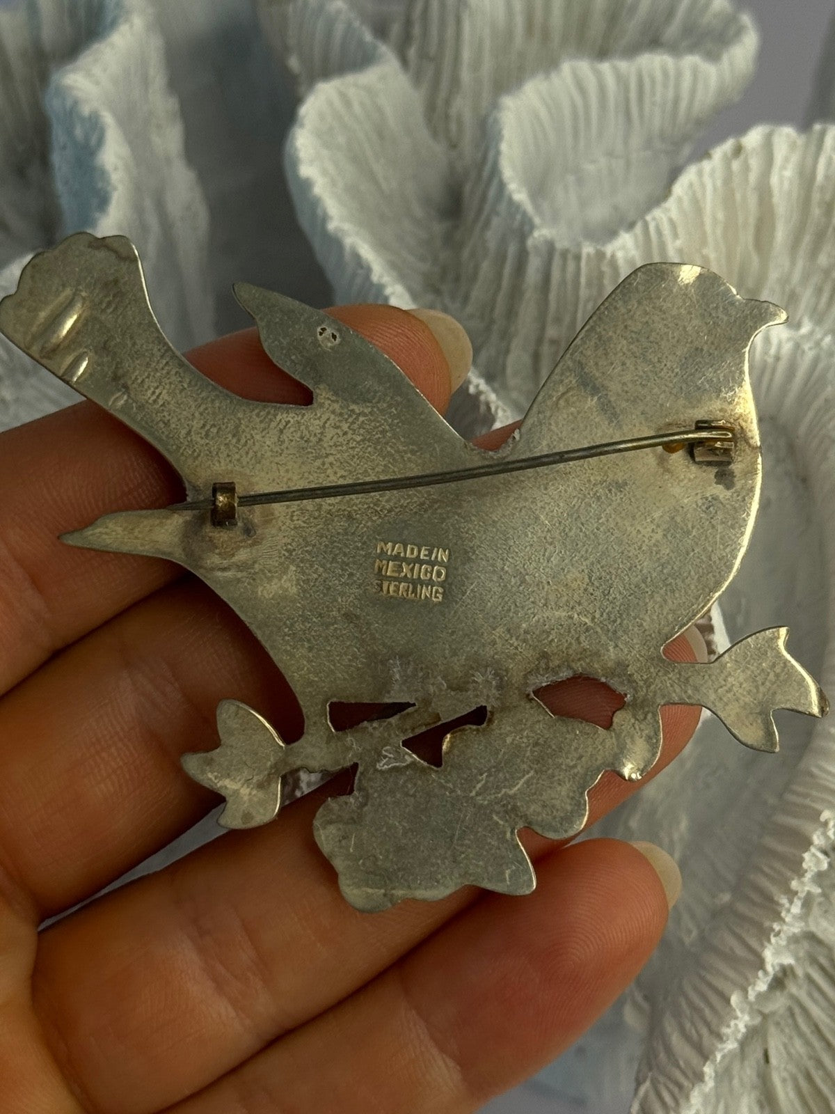 925 Sterling Silver Brooch Turquoise Birds Length 2.20 Inch