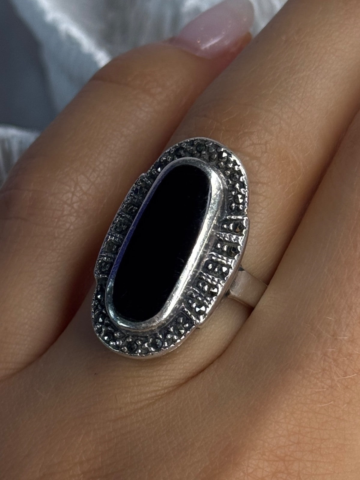 Vintage 925 Sterling Silver Onyx & Marcasite Ring Size 6.5