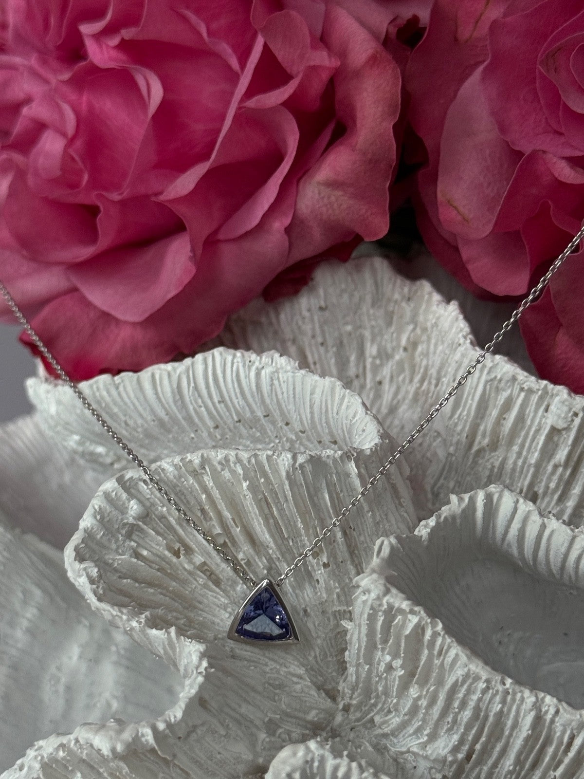 14K White Gold Tanzanite Trillion Necklace Length 18 inch