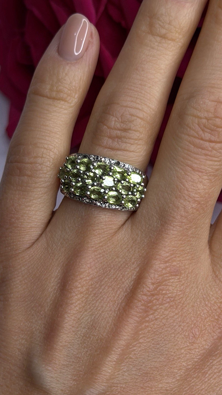 925 Sterling Silver Olive Green Peridot & Beryl Stones Ring Size 7