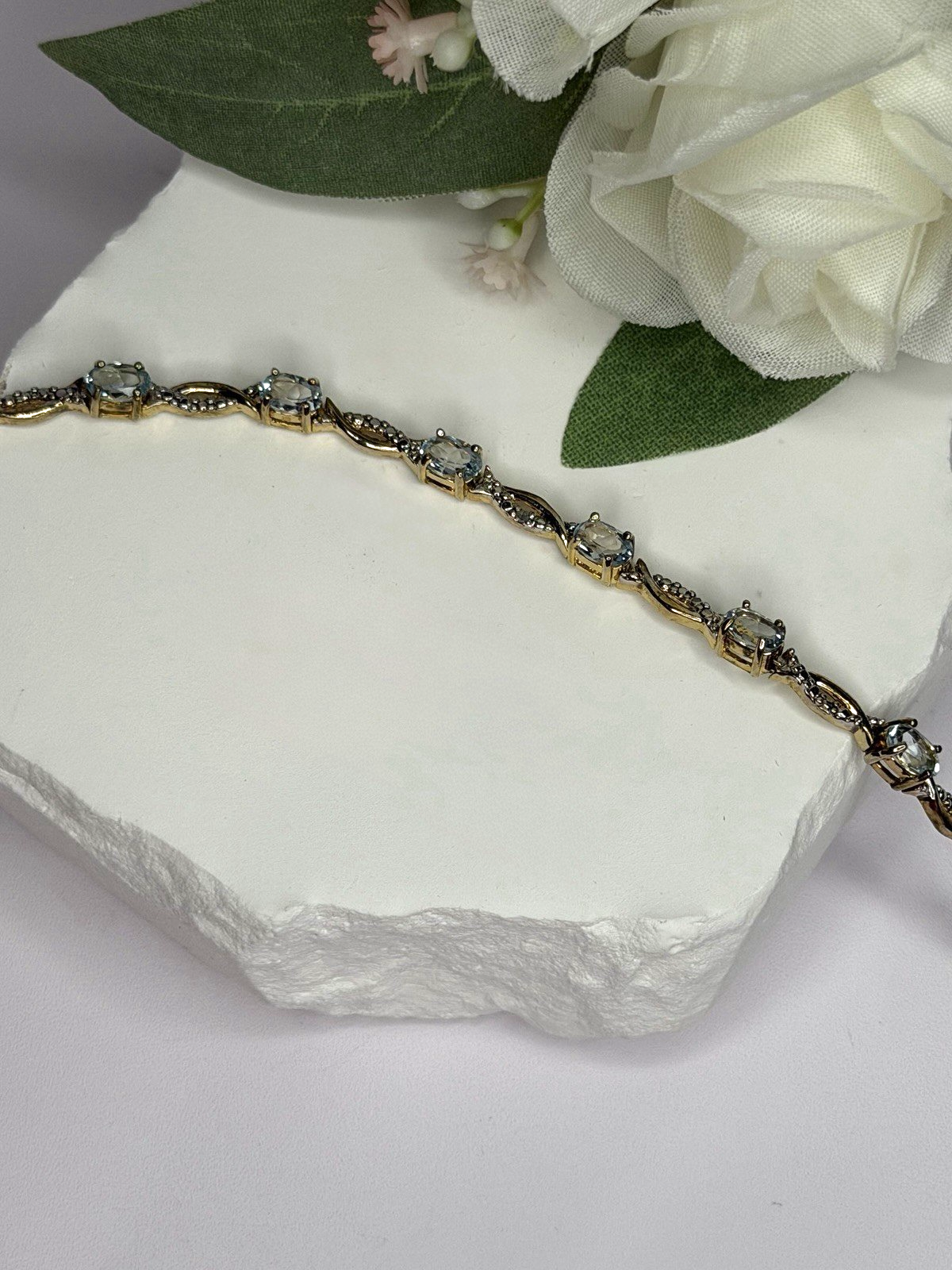 925 Sterling Silver Gold Plated Blue Topaz Bracelet Size 7.5