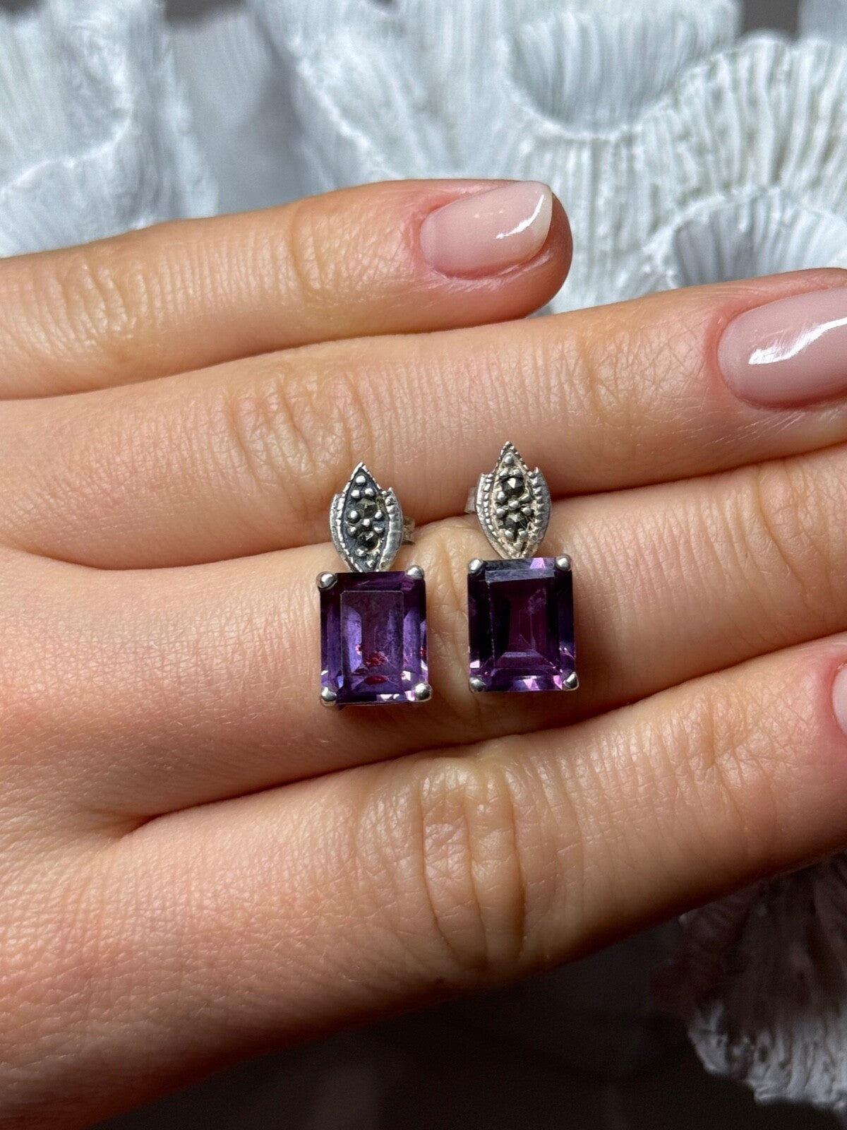 925 Sterling Silver Tourmaline & Marcasite Earrings Length 0.7 Inch