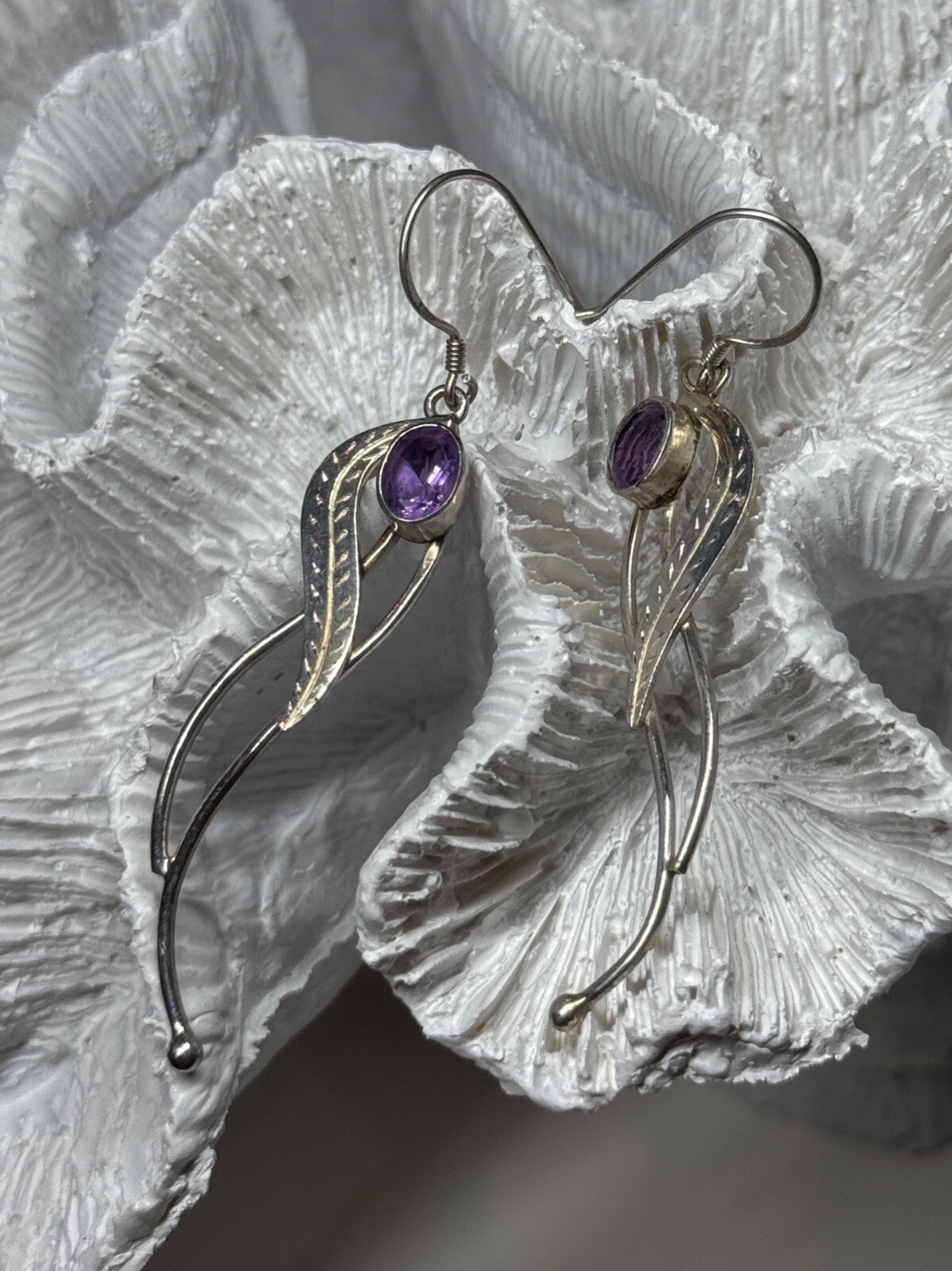 925 Sterling Silver Amethyst Earrings Length 2.6 Inch