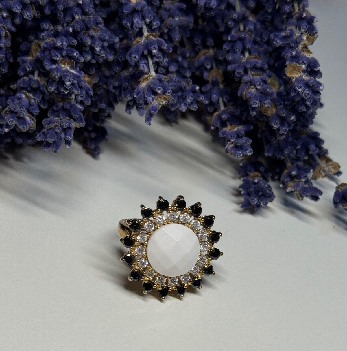 925 Sterling Silver Agate, White & Blue Sapphire Ring Size 7