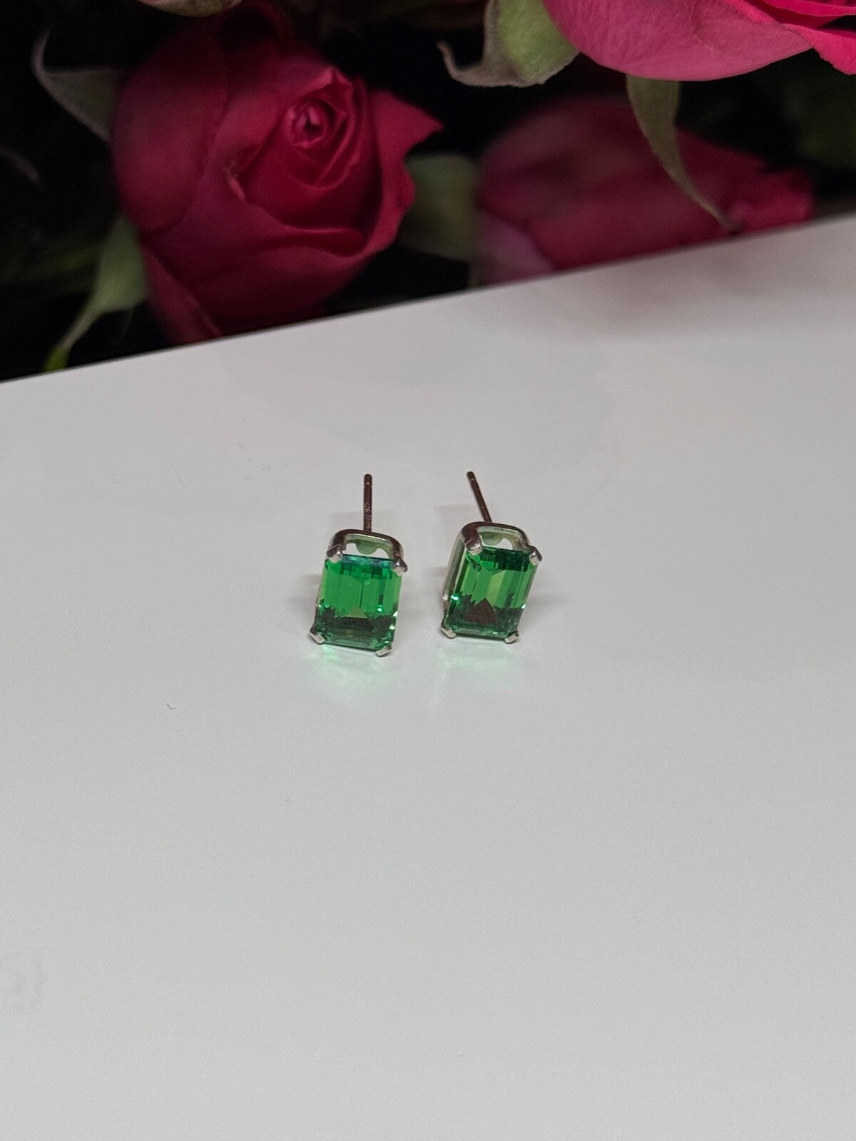 925 Sterling Silver Green Peridot Earrings Length 8 Mm