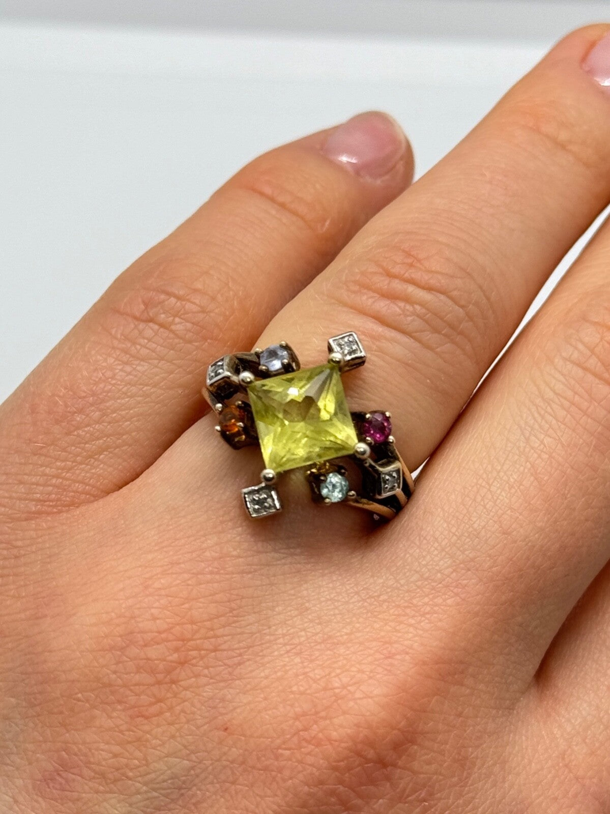 925 Sterling Silver SLV Tourmalines & Diamonds Ring Size 5.5