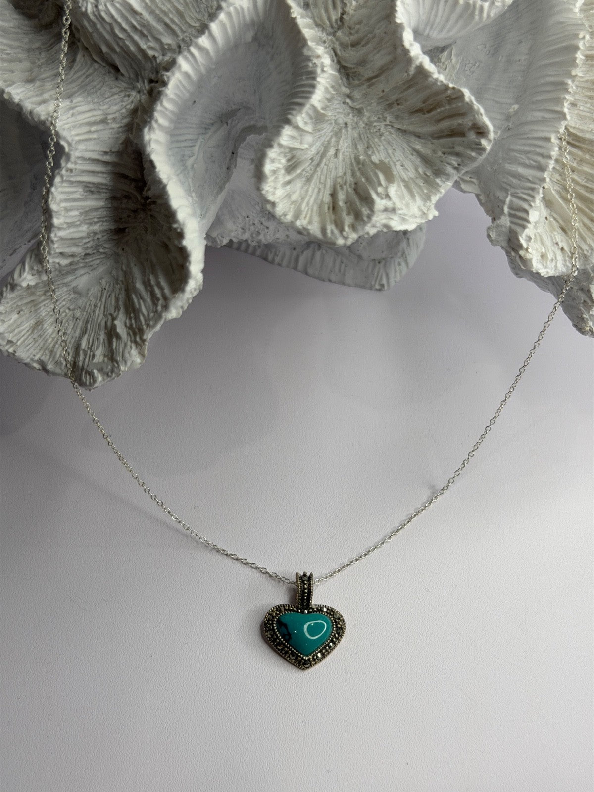 925 Sterling Silver Turquoise & Marcasite Heart Necklace