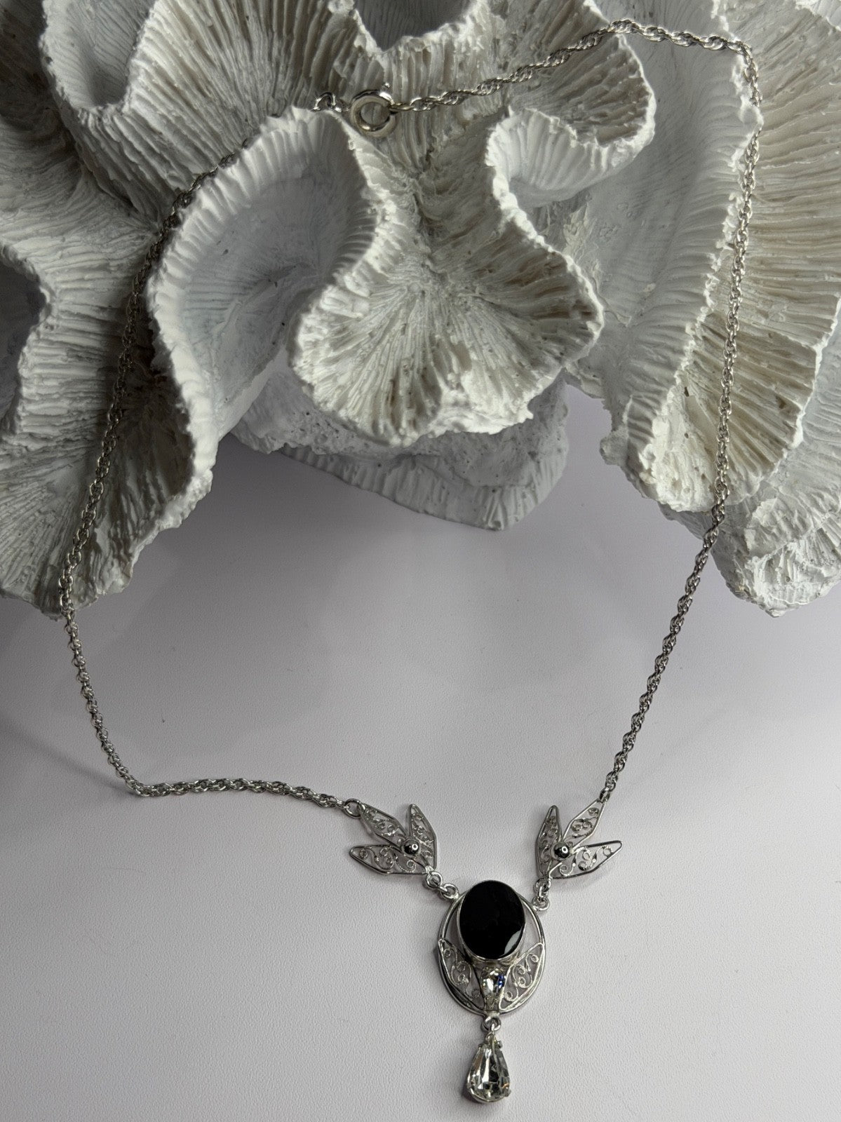 Elegant 925 Sterling Silver Onyx & White Sapphire Necklace