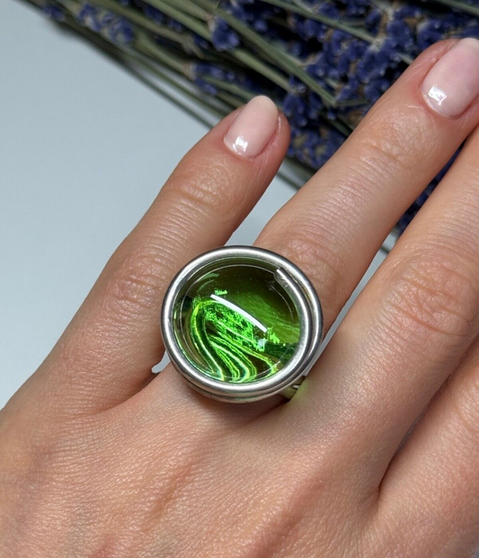 Modern Art Design Green CZ Ring Size 6
