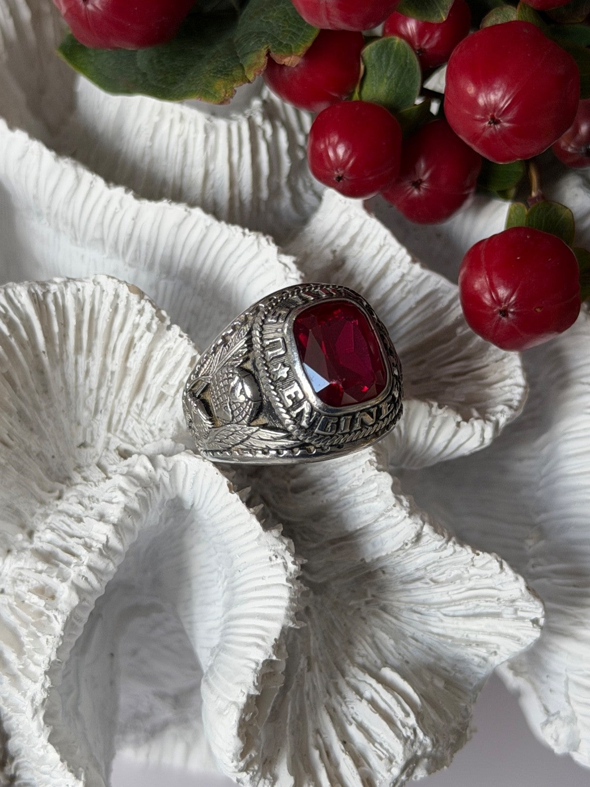 Jostens Yltm U.S Army Engineer 925 Sterling Silver Ruby Ring Size 8.5